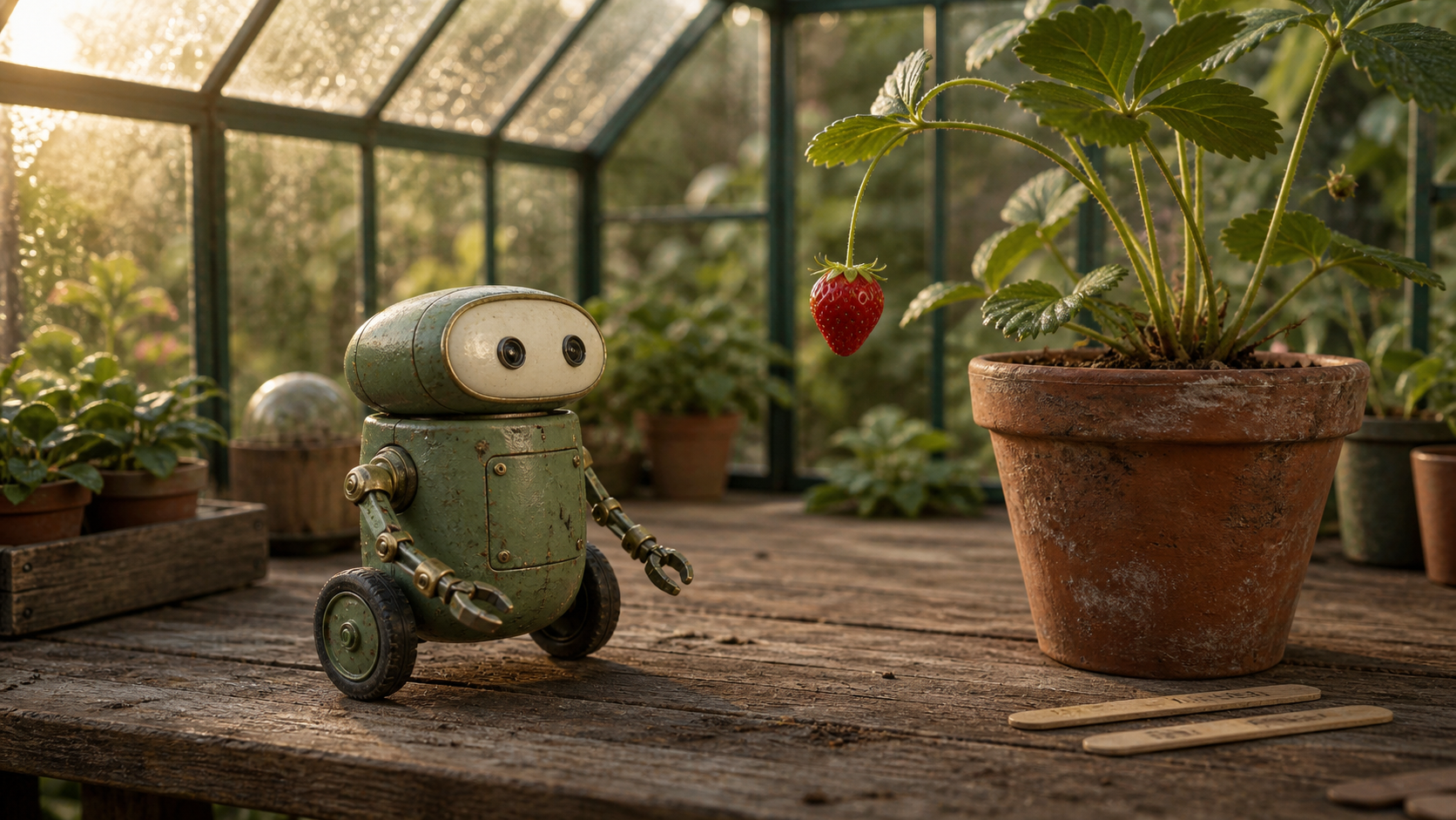 A tiny gardening robot on a greenhouse bench looks toward a ripe strawberry hanging just out of reach.